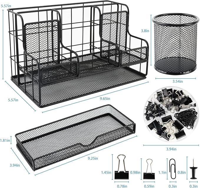Desk Organizers Caddy and Accessories with 7 Compartments + Pen Holder / 72 Clips Set, Drawer, Black Mesh Office Supplies Desktop Organizer for Home, Office Ect