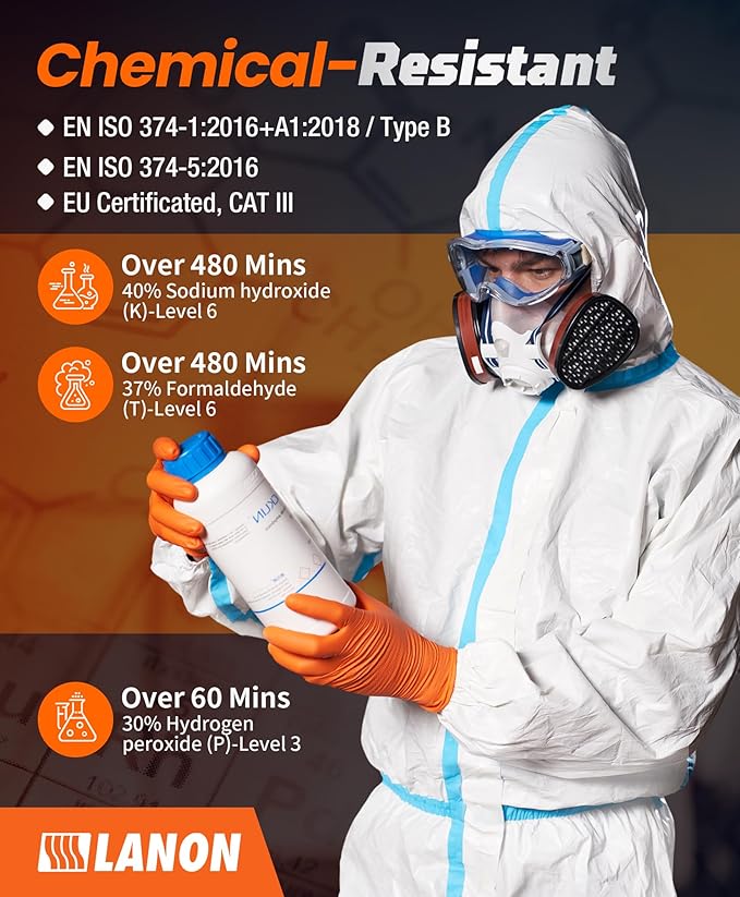 LANON 8mil Orange Disposable Nitrile Gloves, Mechanic, Heavy Duty, Food Safe, Latex Free, Powder Free, Fully-Diamond Textured, Medium