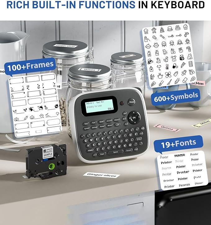 D210S Label Makers, Label Maker Machine with-Tape, Label Maker Waterproof-Labels, Kids Labeler Machine with-Tape 12mm 0.47 Laminated White, Portable Labeling Machine for Home School Office