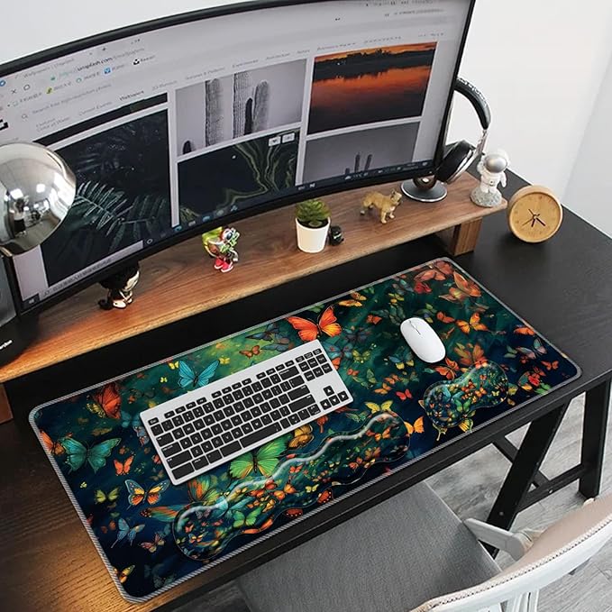 Keyboard Mouse Pad Set,Large Mouse Pad+Keyboard Wrist Rest+Wrist Support+Coaster,31.5x11.8in Extended Desk Mat for Computer Laptop Office Home - Cute Butterfly