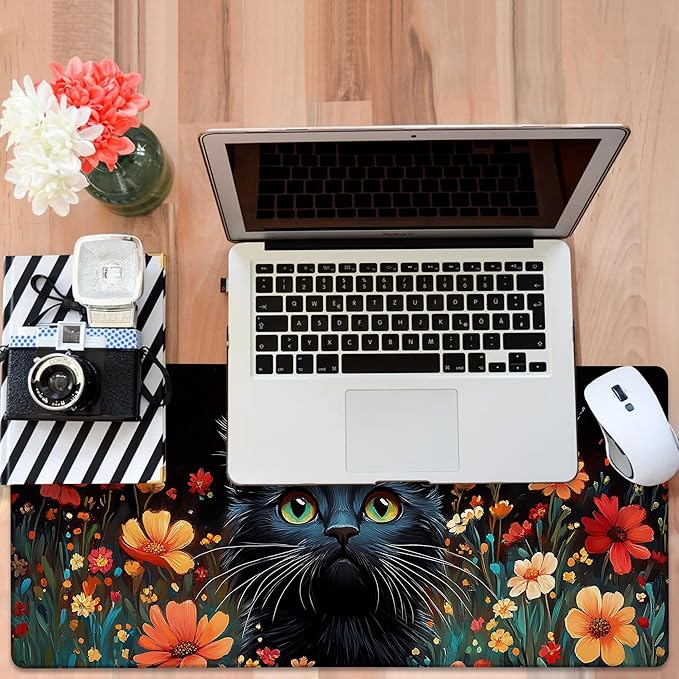 Black Cat and Flowers Gaming Mouse Pad 3mm Thick Stitched Edge Waterproof Non-Slip Large Computer Keyboard Mouse Mat,Suitable for Office Entertainment Decorative Desk Pad 35.4 x 15.7 Inches