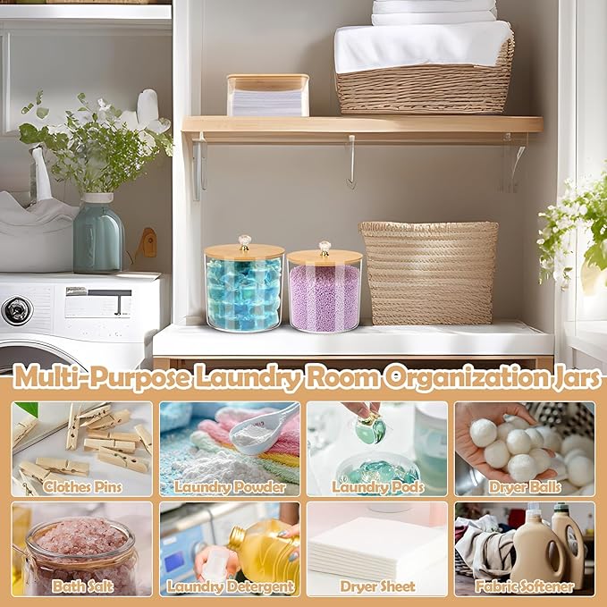 5 Pcs Laundry Container Organizing with Laundry Powder Container and Dryer Sheet Holder Acrylic Laundry Soap Dispenser Bottle with Funnel, Measuring Cup Laundry Pod Holder for Beads,Soap,Scent Booster