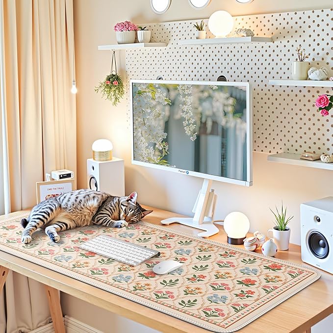 iCasso Large Mouse Pad,Floral Desk Mat,Non Slip Desk Pad,Computer Mats for Desktop, Gaming Mouse Pad 15.7X35.4 Inches,Comfortable Lycra Surface Keyboard Pad for Office Home School (Beige)