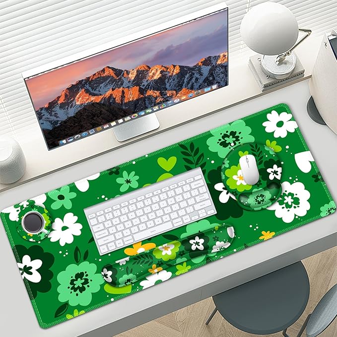 AIMSA Keyboard Mouse Pad Wrist Rest Set, Large Gaming Mouse Desk Pad with Wrist Support Ergonomic Design, 4 in 1 Mousepad for Home Office, Green Flowers