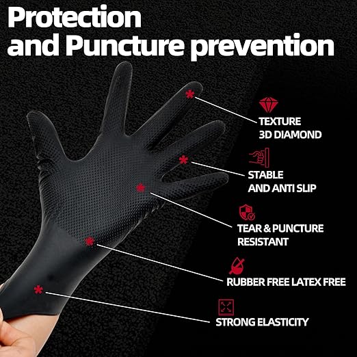 Jointown Basic Heavy Duty Nitrile Gloves, Mechanic Gloves 8 Mil Nitrile Disposable, with Raised Diamond Texture, Case of 500, Black, Medium