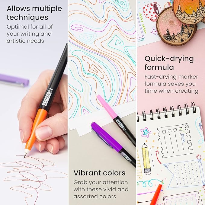 ARTEZA Permanent Markers, 24 Ultra Fine Tip Paint Pens, 12 Rainbow Colors, 2-mm Line, Quick-Drying, Water Resistant, for Calligraphy and Sign Making