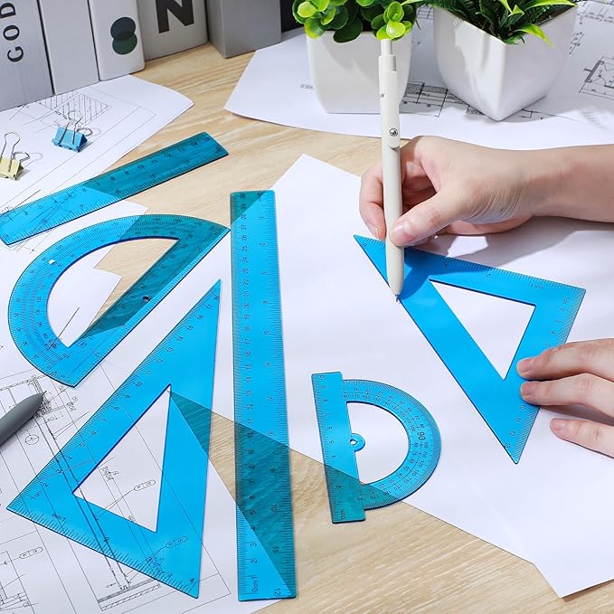 Tenare 6 Pcs Plastic Ruler Math Set Includes 12 Inch 6 Inch Straight Protractor Triangle Geometry Transparent Math Ruler Measuring Tools for School Office Home(Blue)