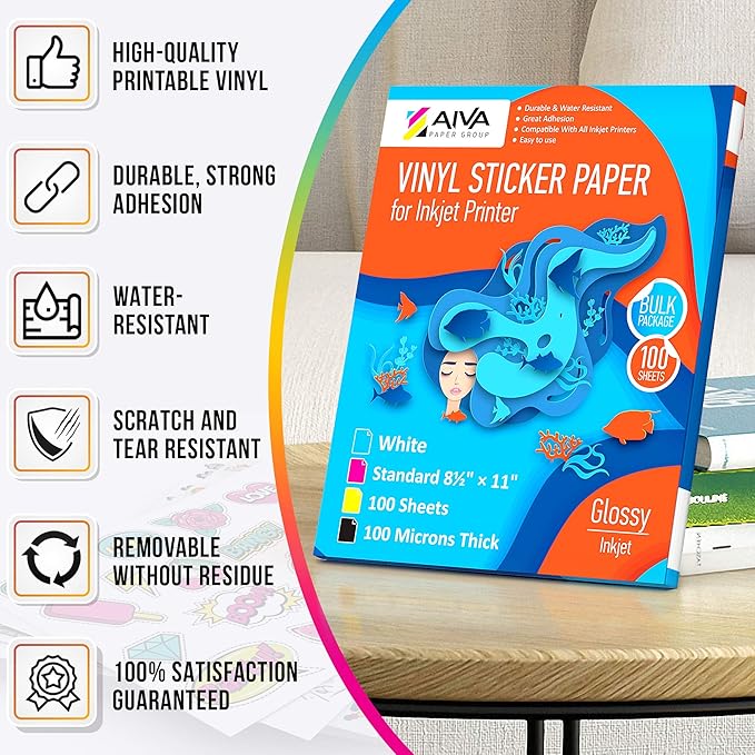 Printable Vinyl Sticker Paper - Waterproof Decal Paper for Inkjet Printer - 200 Self-Adhesive Sheets - Glossy White - Standard Letter Size 8.5"x11"