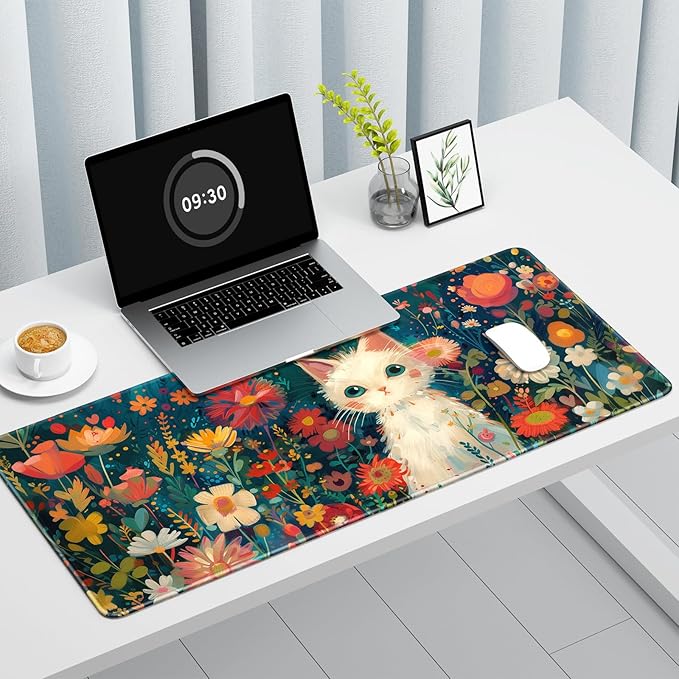 Auhoahsil Large Gaming Mouse Pad, Cat Theme XXL 35.4 x 15.7 in Desk Pad Stitched Non-Slip Rubber Long Computer Mousepad Thin Extended Full Size Desk Mat for Desktop, Laptop, Wireless Mice, Red Black