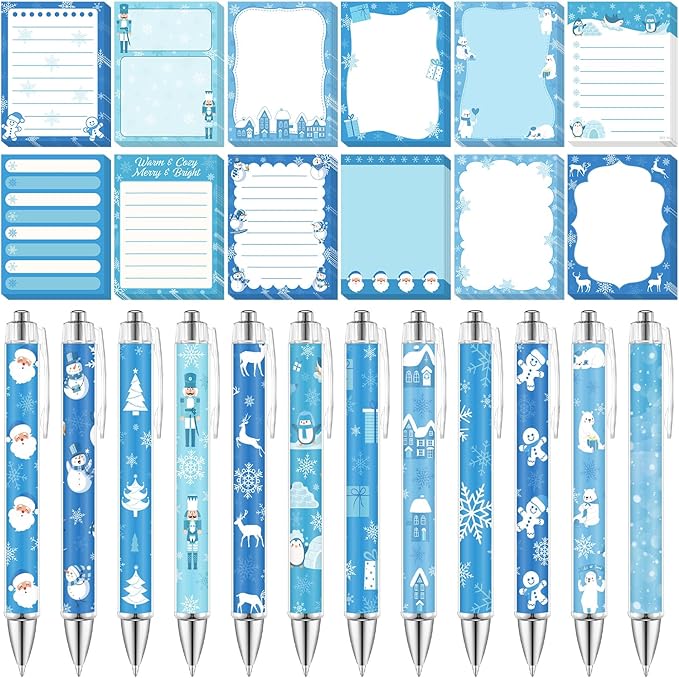 24 Pcs Blue Christmas Sticky Notes with Pens Winter Themed Gifts Self Adhesive Notepad Cute Memo Note Pads Black Ink Ballpoint Pen for Holiday Gifts Office School Student Teacher Supplies