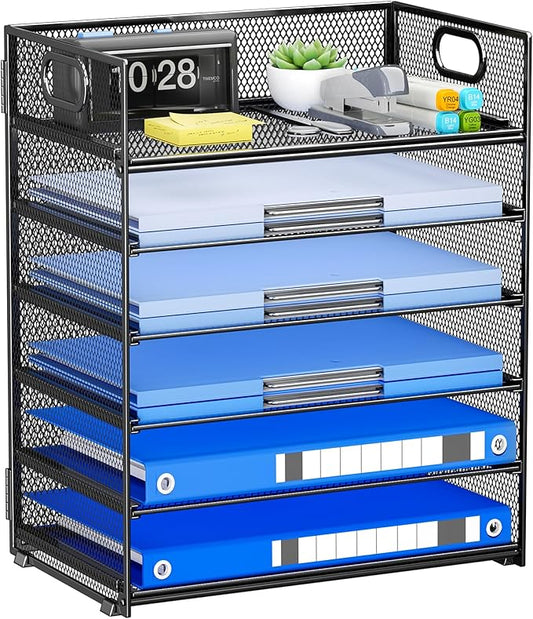 Paper Organizer for Desk Organizers and Accessories for Office 6 Tier Letter Tray Storage with Handle Mesh Desktop Paper Holder for School- Black