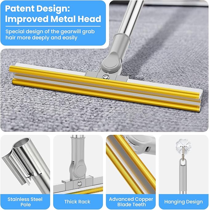 Bolfie 3 in 1 Carpet Rake for Pet Hair Removal, Tool Set of 3, 55” Long Handle Carpet Pet Hair Removal Carpet Scraper Dog Cat Hair Remover for Sofa, Couch, Car, Rug (Gray)