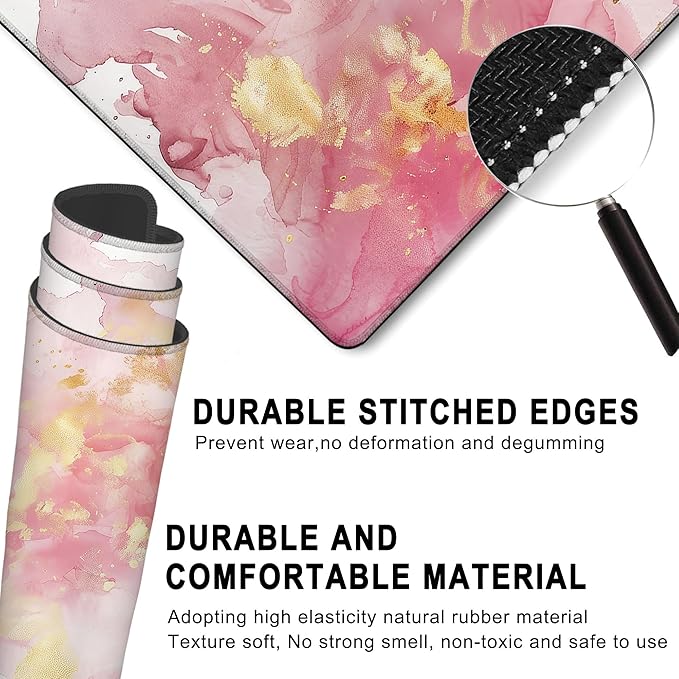 Gaming Mouse Pad, Rose and Gold Liquid Marble Large Desk Mat for Keyboard and Mouse,Non-Slip Rubber Base and Stitched Edges Desk Pad for Home Office 35.4x15.7in
