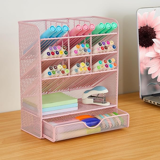 Spacrea Pen Holder Desk Organizer - Desk Organizers and Accessories, Pencil Holder with 10 Compartments and 1 Drawer（Pink）
