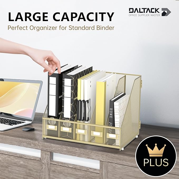 DALTACK Desk Organizers Metal Magazine File Holder with 5 Vertical Compartments Folder Storage Binder Organizer for Office Home School Organization, Golden Yellow, Plus
