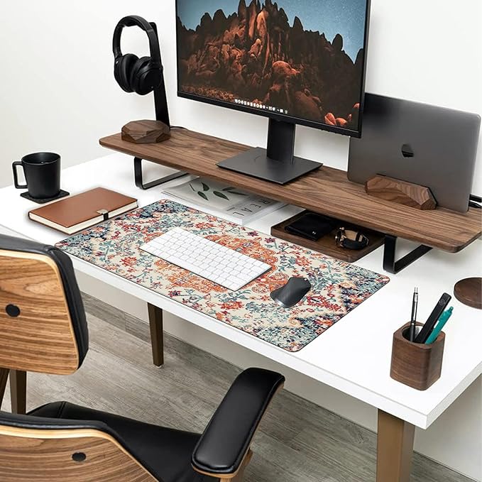 Large Gaming Mouse Pad for Desk, Boho Style Design Carpet Desk Mat for Desktop, Non-Slip Rubber Base Stitched Edges Long Computer Keyboard Mouse Mat Desk Pad for Home Office Gaming 35.4"X15.7"