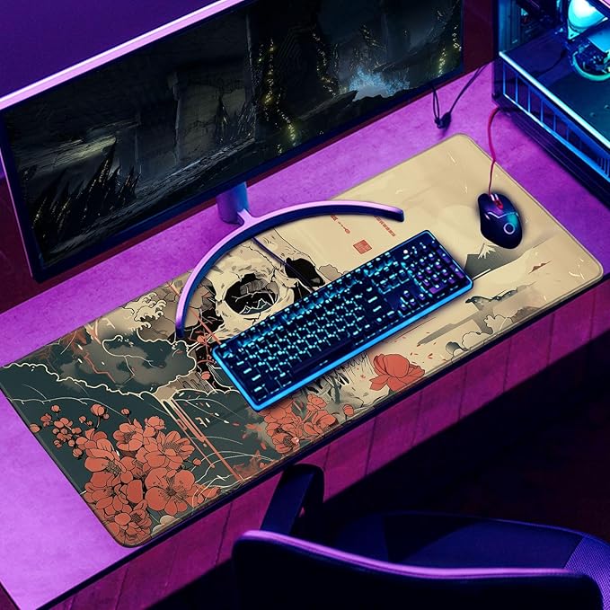Skull Mouse Pad Japanese Ukiyo-e Mouse Pad XL Anime Big Mouse Pads for Desk Large Gaming Large Mouse Pad for Men Desk Pad with Stitched Edges Non-Slip Large Computer Mat, 31.5x11.8 in