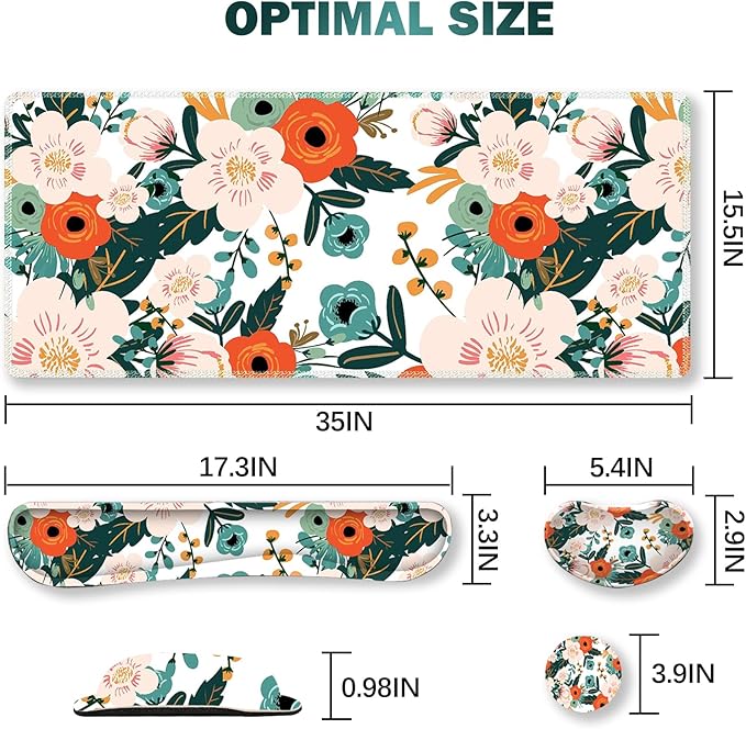 ARTSO Extended Gaming Mouse Pad Set, Keyboard Wrist Rest Support Pad + Wrist Cushion + XXL Large Mouse Pad + Coaster, Stitched Edge, Non-Slip, Memory Foam Desk Mat, Flower