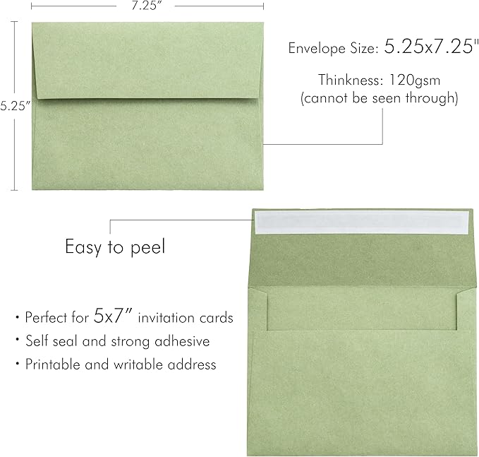 PONATIA 50 Pieces 5x7 Envelopes, A7 Envelopes Self Seal for Weddings, Invitation Cards, Photos, Postcards, Greeting Cards Mailing, Baby Shower, Graduation, Christmas Gift Cards (Sage Green)