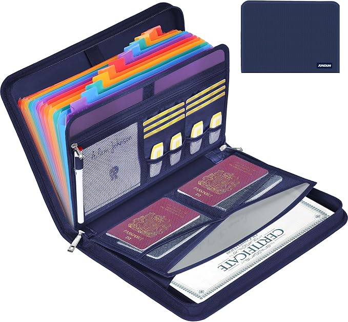 JUNDUN Accordion File Organizer - 12 Pocket Expanding File Folder with Zipper & Labels - Fireproof File Folder Organizer with Multi-Pockets,Document Organizer for Letter A4 Files and More (Blue)