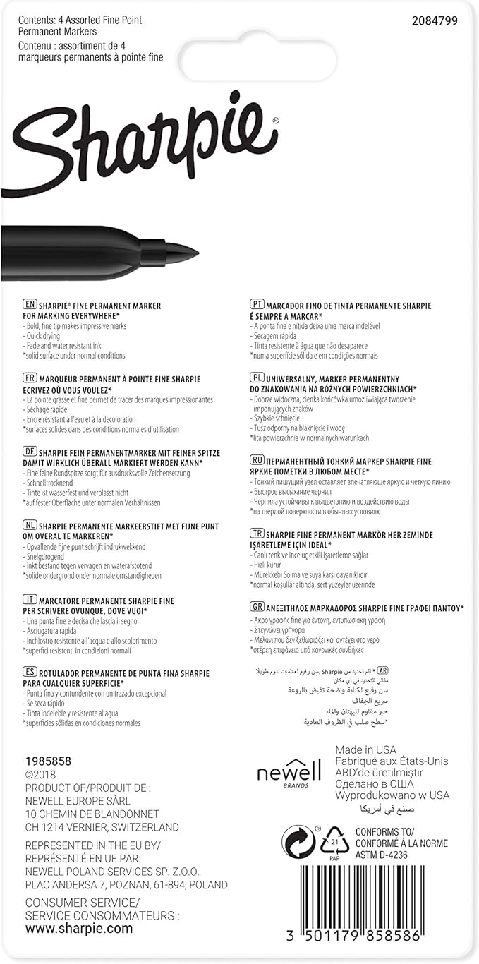 Sharpie Permanent Markers | Fine Point for Bold Details | Black, Blue, Red and Green Ink Colours | 4 Marker Pens