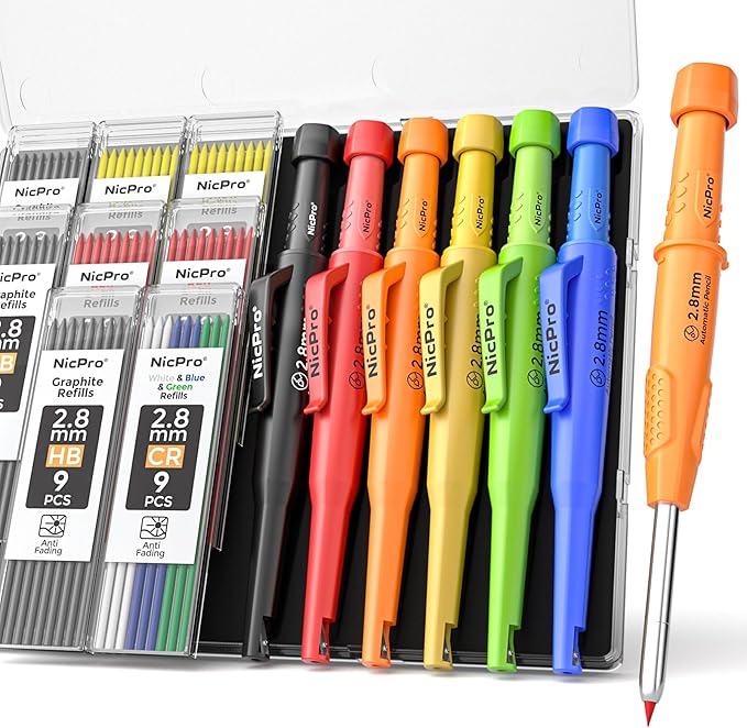 Nicpro 6 Pack CP3000 Carpenter Pencils with Sharpener, Mechanical Pencil Set with 78 Refill, Heavy Duty Construction Pencil, Carpenter Tools for Architect Marking (Red,Black,Yellow,Orange,Green,Blue)