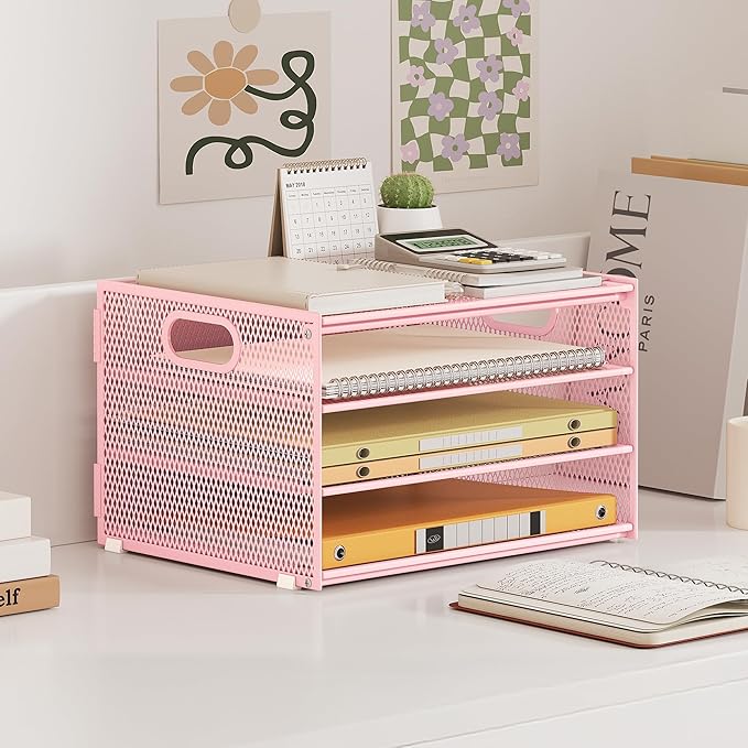 Subekyu Paper Letter Tray Organizer for Desk, Pink Metal Mesh Desk File Sorter Organizer with Handle and 2 Sliding Trays for Home Office School Supplies Organization
