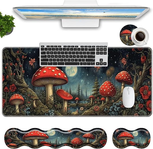 Keyboard Mouse Pad Set,Large Mouse Pad+Keyboard Wrist Rest+Wrist Support+Coaster,31.5x11.8in Extended Desk Mat for Computer Laptop Office Home-Mushroom Forest