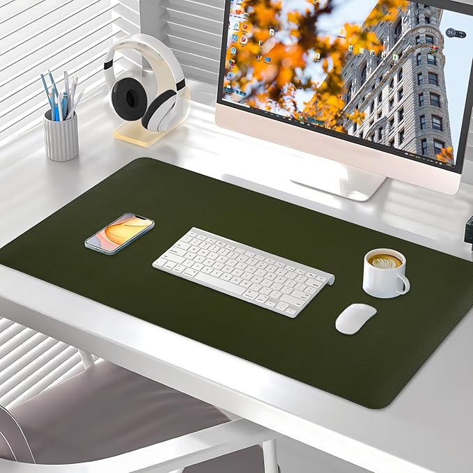 Desk Mat, Dual-Sided Pad, Large Mouse Pad, Natural Cork & PU Leather Non-Slip Waterproof Mats for Office and Home (Army Green, 31.5" x 15.7")
