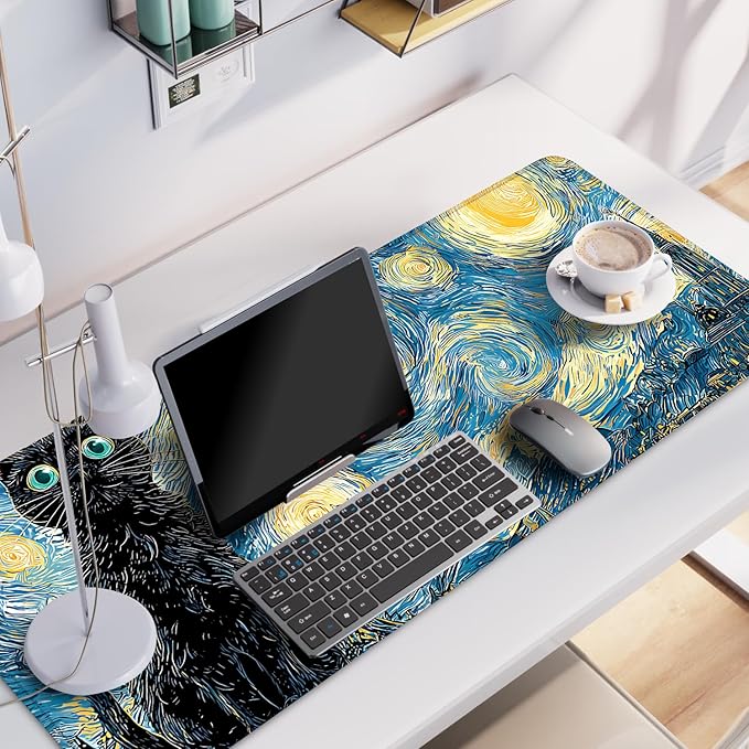 Vincent Van Gogh Starry Night Black Cat Mouse Pad – Large 31.5" x 11.8" Extended Desk Mat with Artistic Swirling Starry Sky Design, Non-Slip Rubber Base, Smooth Surface for Gaming & Office