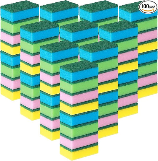 Dish Sponge for Kitchen Multicolor Cleaning Scrub Sponges Dual Sided Scouring Pad Non Scratch Dish Washing Scrubbers Absorbent Dishwashing Sponges for Cleaning Kitchen Dishes Bathroom (100 Pcs)