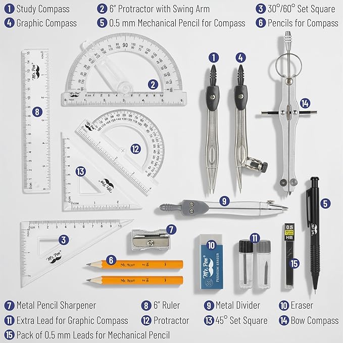 Mr. Pen Geometry Set with 6 Inch Swing Arm Protractor, Divider, Set Squares, Ruler, Compasses and Protractor, 15 Piece Set