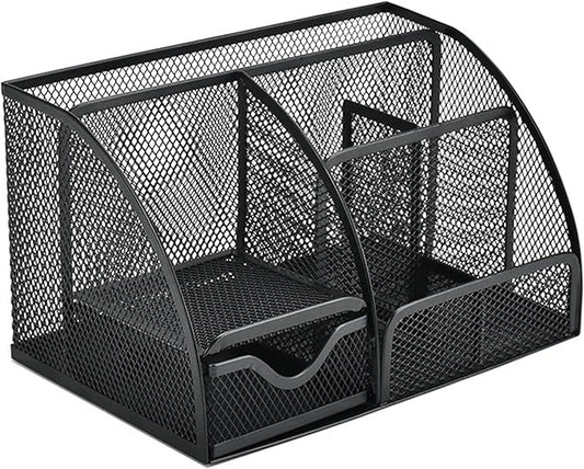 Black Mesh Pen Holder and Organizer Office Supplies with 7 Compartments, Desktop Organizer with Drawer, Metal Pen Holder for Desk, ‎9.1" x 5.9" x 5.5''
