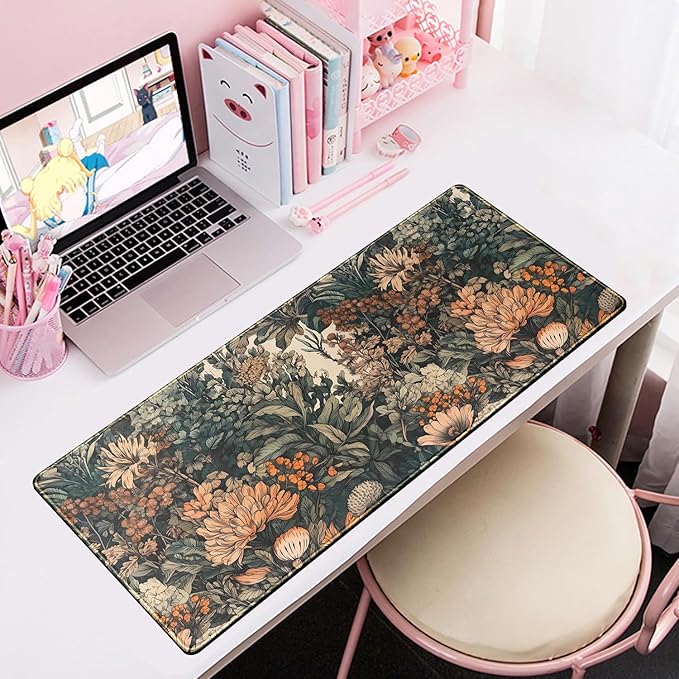 Flower Vintage Desk Pad Aesthetic Desk Mat Flower Mouse Pad Computer Big Mousepad Non-Slip Base Gaming Keyboard Giant Mouse Pad Computer Mat for Laptop Office with Stitched Eges 31.5x11.8 in