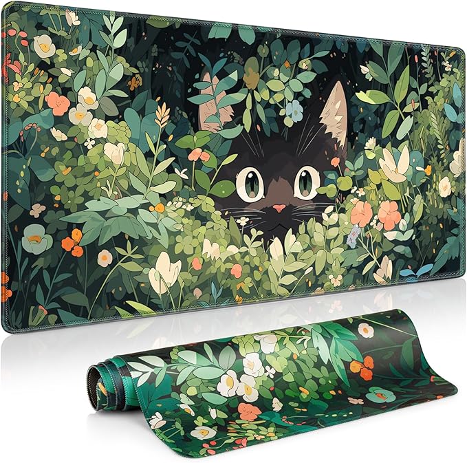 Anime Cat Mouse Pad Green Desk Mat, Kawaii XXL Large Mouse Pad Keyboard with Stitched Edges Non-Slip, 35.4×15.7in Mousepad Mat for Desktop Computer Laptop Office Women Decor Game Funny