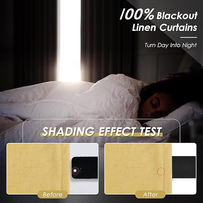 Nanspring Gold Yellow Linen Blackout Curtains 84 Inches Long Back Tab Rod Pocket Thermal Insulated Full Light Black Out 2 Panels Set for Living Room Elegant Modern Curtains Drapes 52x84