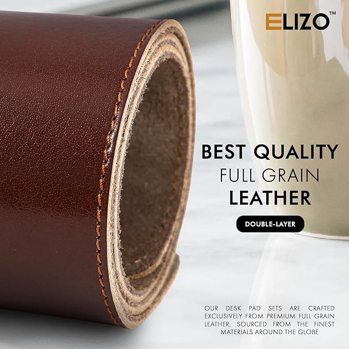 Elizo Leather Desk Mat Desk Pad Blotter Set - Real Full-Grain Leather (32x16) 2-Layer Genuine Desk Cover Protector & Large Mouse Pad | Computer Keyboard Desk Accessories for Office & Home