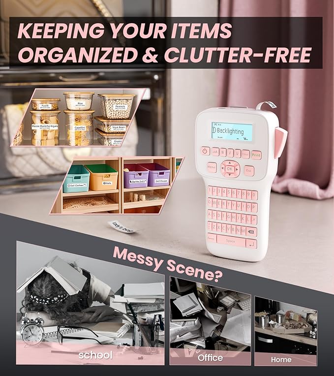 Vixic Pink Label Maker, Rechargeable Label Makers with Keyboard, Handheld Label Maker Machine with Bluetooth Backlit Large Display LM1600, Portable Labeler for Home & Office Organization School Kids