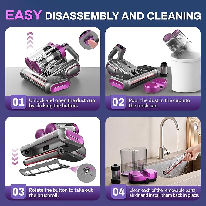 SRGARH Cordless Mattress Vacuum Cleaner, 16kpa Bed Vacuum Cleaner with 253.7nm Uv-C Light & Ultrasonic Tech Dual Bins for Dust & Widen Suction Port 120w for Bed Sofa & Pet Hair(Purple)