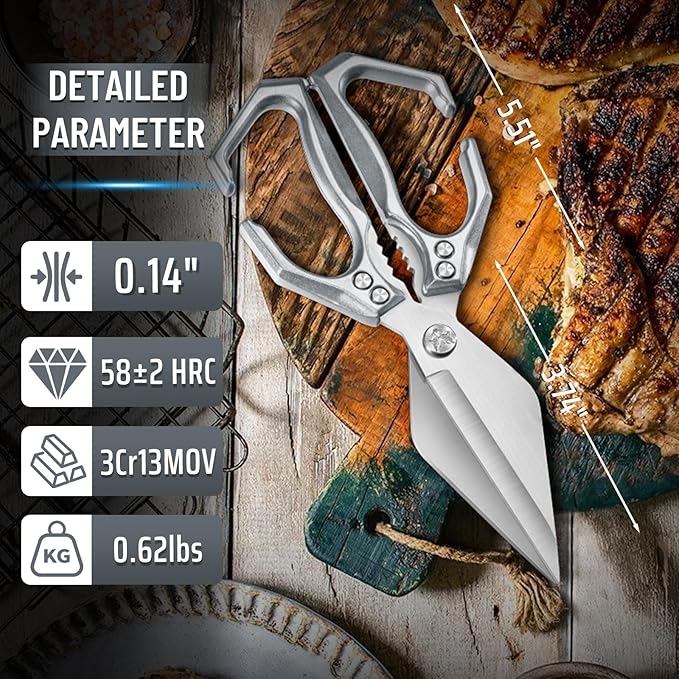 Dream Reach Heavy Duty Poultry Shears Kitchen Scissors Dishwasher Safe with Ergonomic Handle, Japanese High-Carbon Steel Cooking Shears for Chicken, Meat, Seafood, Bone Cutting (Silver)