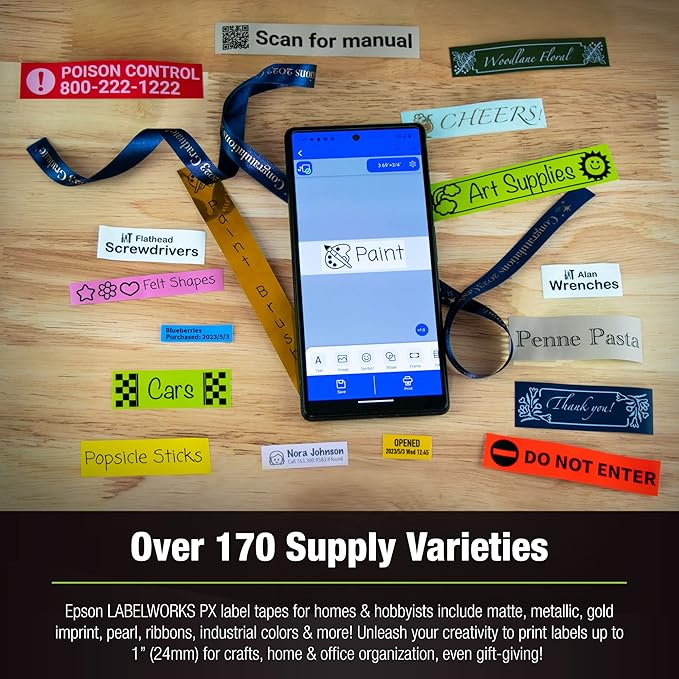 LABELWORKS Epson LW-C610PX Christmas Crafter Bundle - Label Maker and Brown Crafter Paper Tape and Red Ribbon