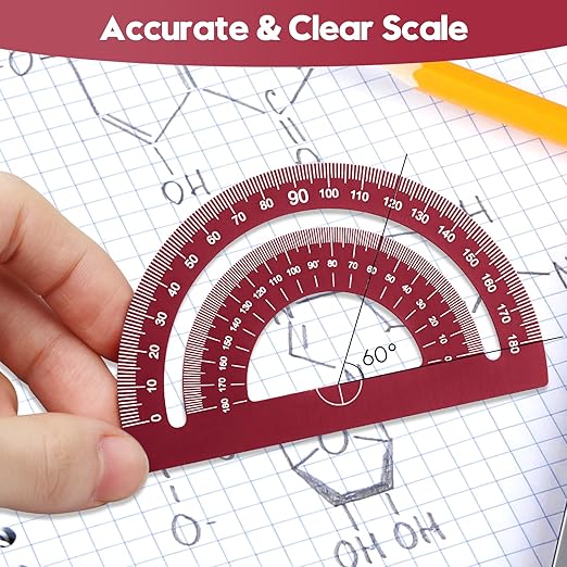 MSDADA Triangle Ruler and Protractor Set, 4 Pieces Aluminum Alloy Ruler Kit, Geometric Protractor for Student, School, Home, Office (Red, 20cm/7.87inch)