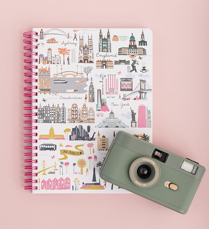 Steel Mill & Co Cute Mini Spiral Notebook, 8.25" x 6.25" Journal with Durable Hardcover and 160 Lined Pages, Travel Icons
