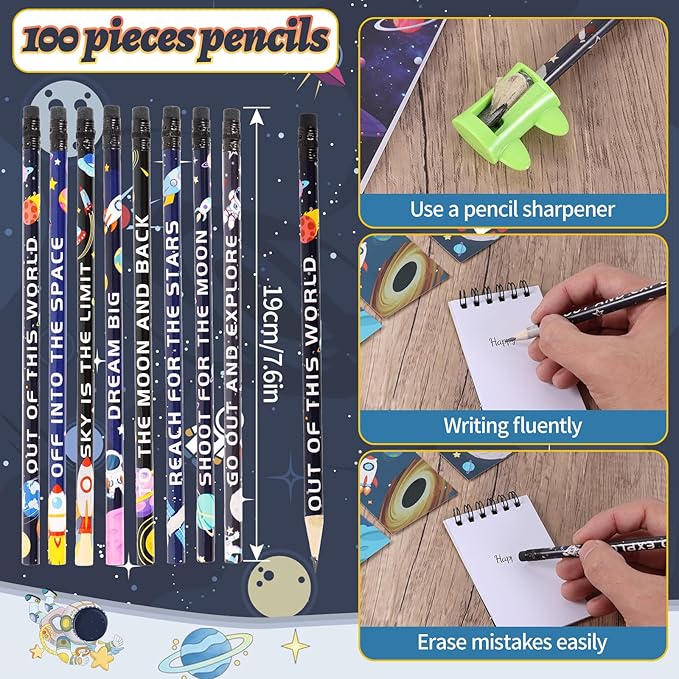 Kolewo4ever 148 Pieces Outer Space Theme Stationery Set:100 Space Pencils Astronaut Pencils 24 Planet Rocket Mini Spiral Notepad Memo Pad 24 Space Ship Metal Charms Bookmarks