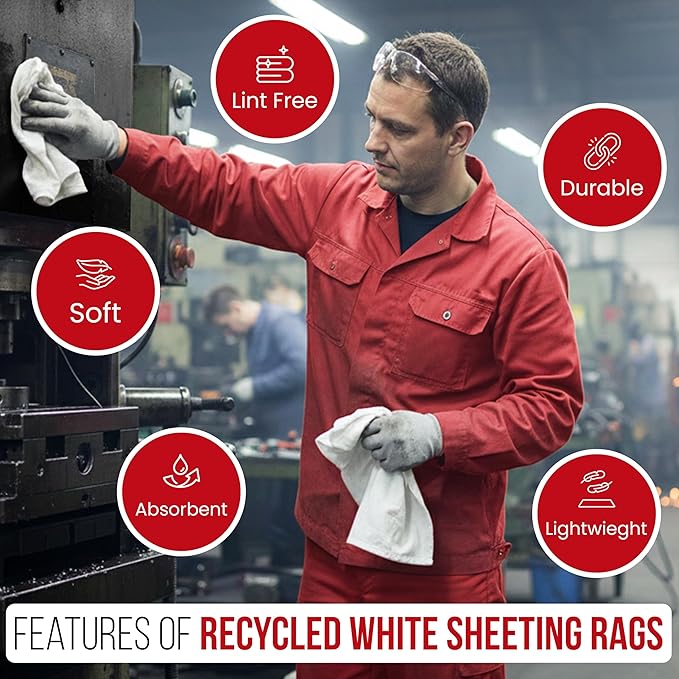 SupremePlus Recycled White Sheeting Cleaning Rags (10 lbs. Box) – Lint Free White Cotton Cloths for Manufacturing | Automotive | Janitorial | Shop Rags Bulk - Multipurpose