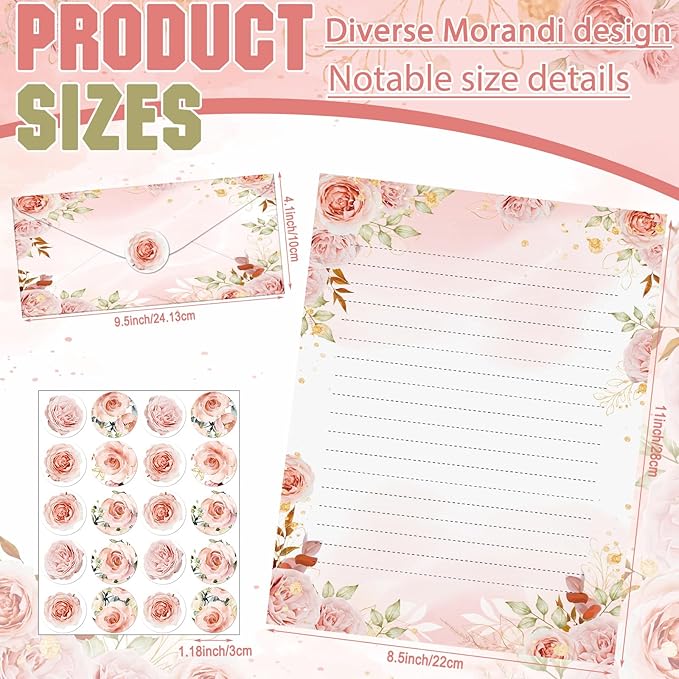 TaoBary 160 Pcs Stationery Paper Set 50 Double Sided Stationery Papers with 50 Matching Envelopes and 60 Round Dot Sticker, 10 Design(Floral,8.5 x 11 Inch)