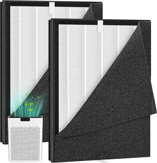 2 Pack KJ190L Filter Replacement for MOOKA KJ190L Air Puri-fier for Home Large Room 2200 Ft², 3 Stage Filtration for Smoke Dust Pollen Pets Hair Dander Odor, 2 HEPA Filters and 4 Washable Pre-Filters