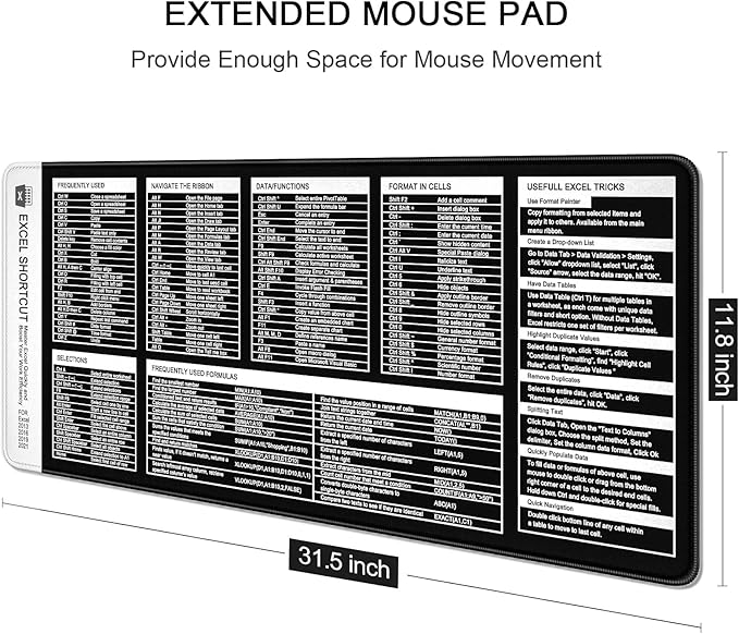 Excel Shortcut Keys Mouse Pad, Large Extended XL XXL Cheat Sheet Gaming Mouse Pad, Office Spreadsheet Desk Mat, Long Big Keyboard Mat, Desk Pad for Desktop, Non-Slip, Stitched, 31.5" x 11.8", Black
