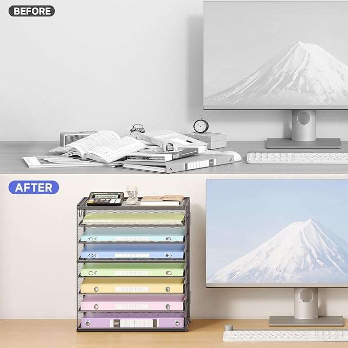 8-Tier Paper Organizer with Handle, Metal Mesh Desk Organizer File Folder Paper Letter Tray Desktop Document Sorter for Office, Home or School (Grey-2 Pcs)