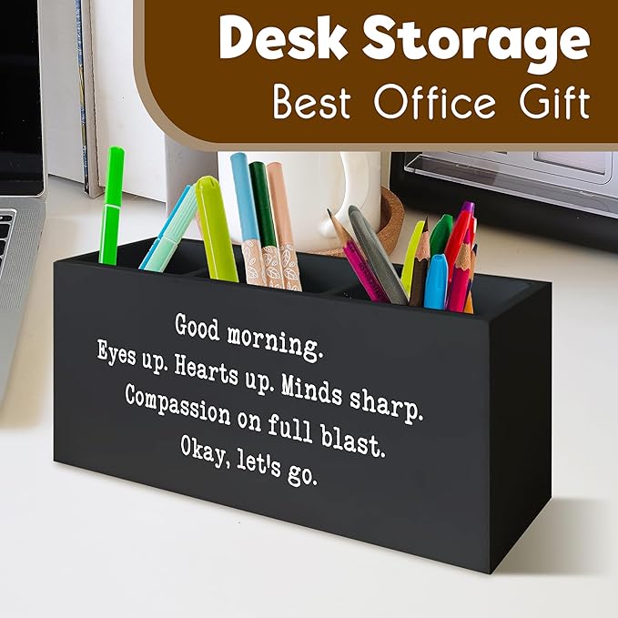 Positive Black Pen Holder for Desk, Inspirational Desk Decor, Funny Gifts for Coworkers Women Men Wooden Pen Pencil Holder Organizer for Office Accessories